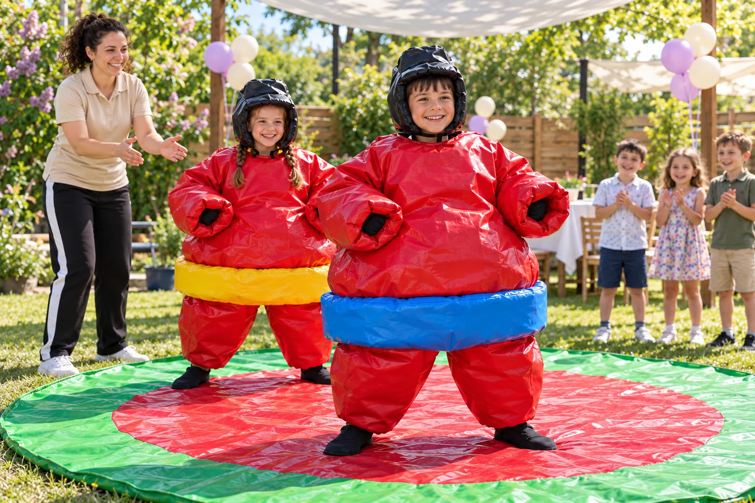 Copii zâmbind în costume sumo roșii cu protecții negre, pe salteaua rotundă roșie cu margine verde.