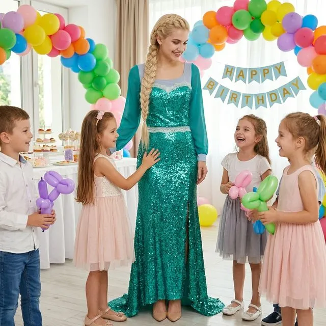 Animatoare blondă în rochie lungă verde-turcoaz cu aplicații, lângă copii.