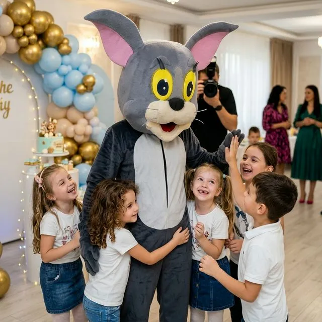 Mascotă motan Tom cu cap mare gri, urechi roz și ochi galbeni, lângă copii.