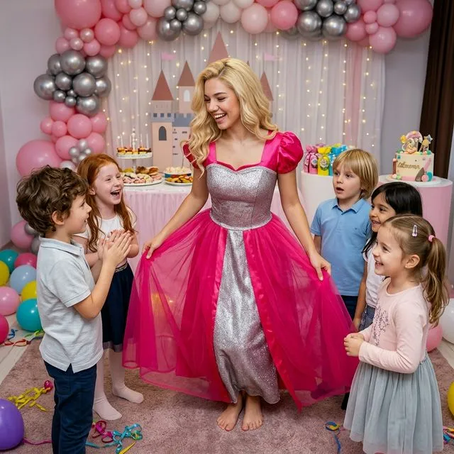 Animatoare blondă în rochie roz cu corsaj argintiu și coroană, lângă copii.