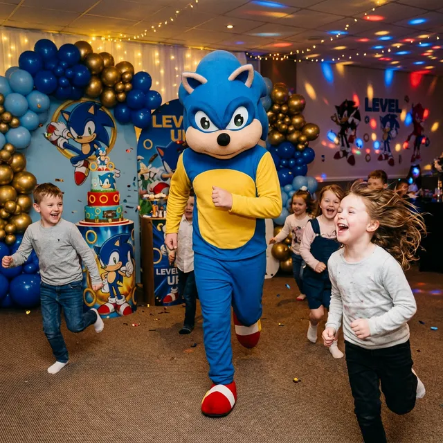 Costum Sonic albastru cu cap supradimensionat și pantofi roșii; o mână a interpretului este vizibilă.