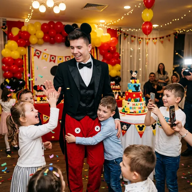 Animator cu pantaloni roșii, sacou negru, papion și urechi Mickey.