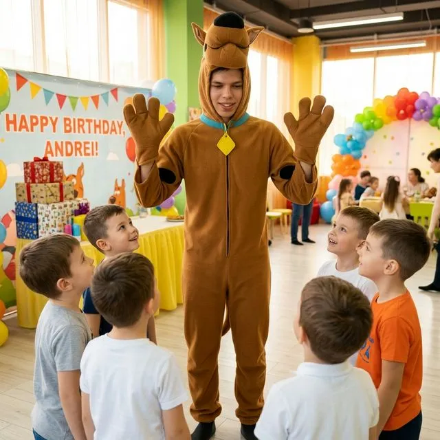 Animator în combinezon maro Scooby-Doo cu glugă și urechi.