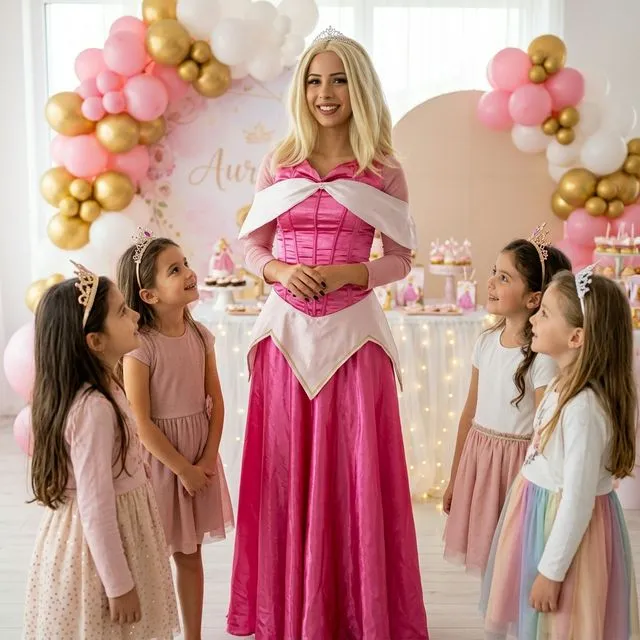 Animatoare cu păr blond, rochie lungă roz și coroană, lângă copii.