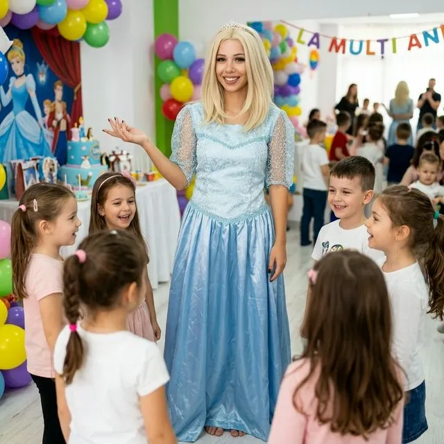 Animatoare blondă în rochie albastru deschis de prințesă, lângă copii.