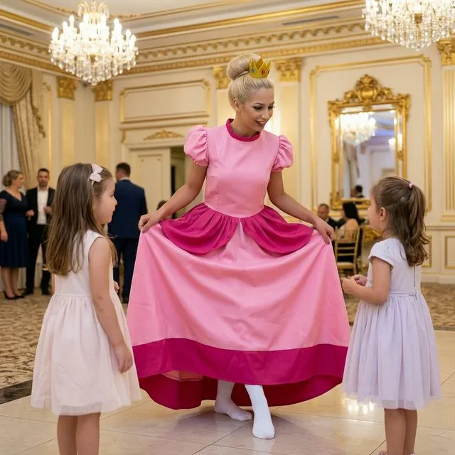 Animatoare cu păr blond prins și rochie roz cu mâneci bufante, lângă copii.