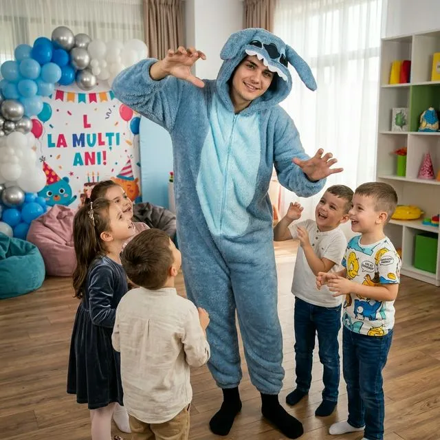 Combinezon albastru Stitch cu glugă și urechi, cu fața animatorului vizibilă.