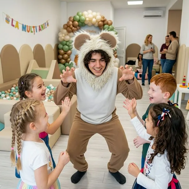 Animator cu coamă de leu în jurul feței și costum bej/maro.