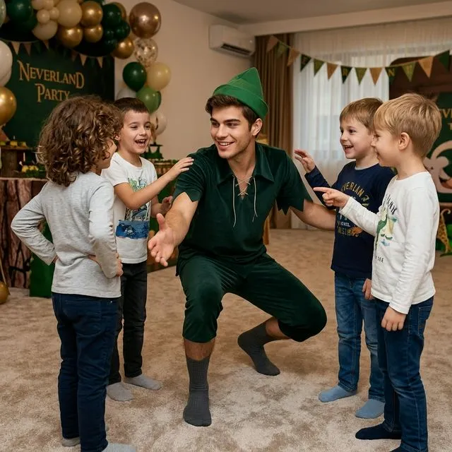 Animator în costum verde Peter Pan cu pălărie verde, îngenuncheat lângă copii.