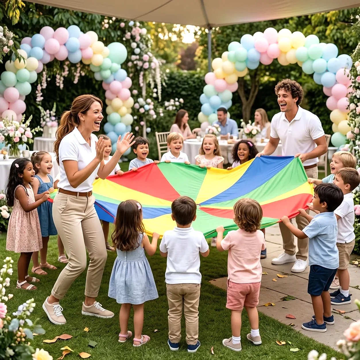 Copii și adulți țin marginile unei pânze/parșute multicolore într-o grădină cu decor de baloane.