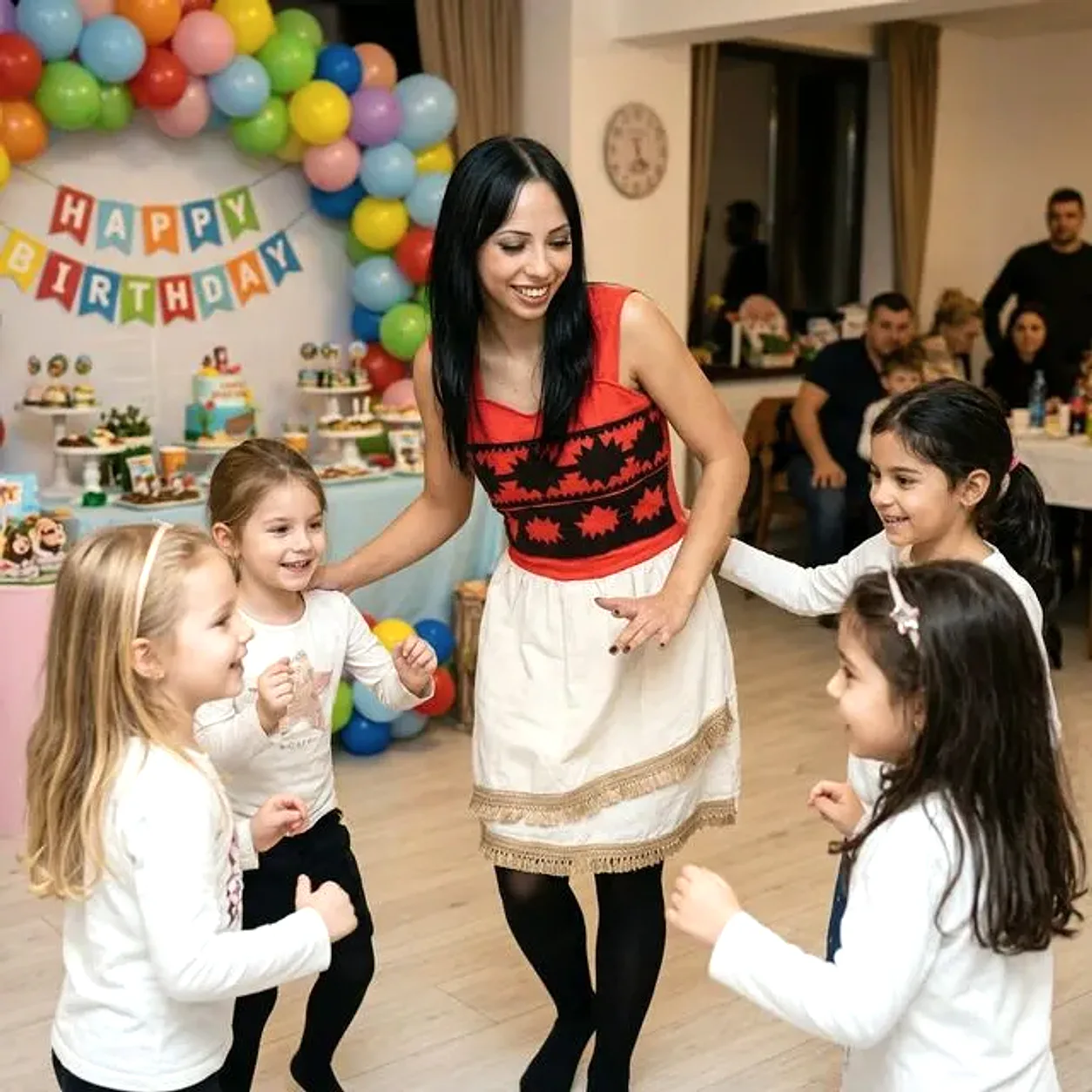 Animatoare în ținută tradițională roșie/neagră și crem, în fața unui grup de copii.