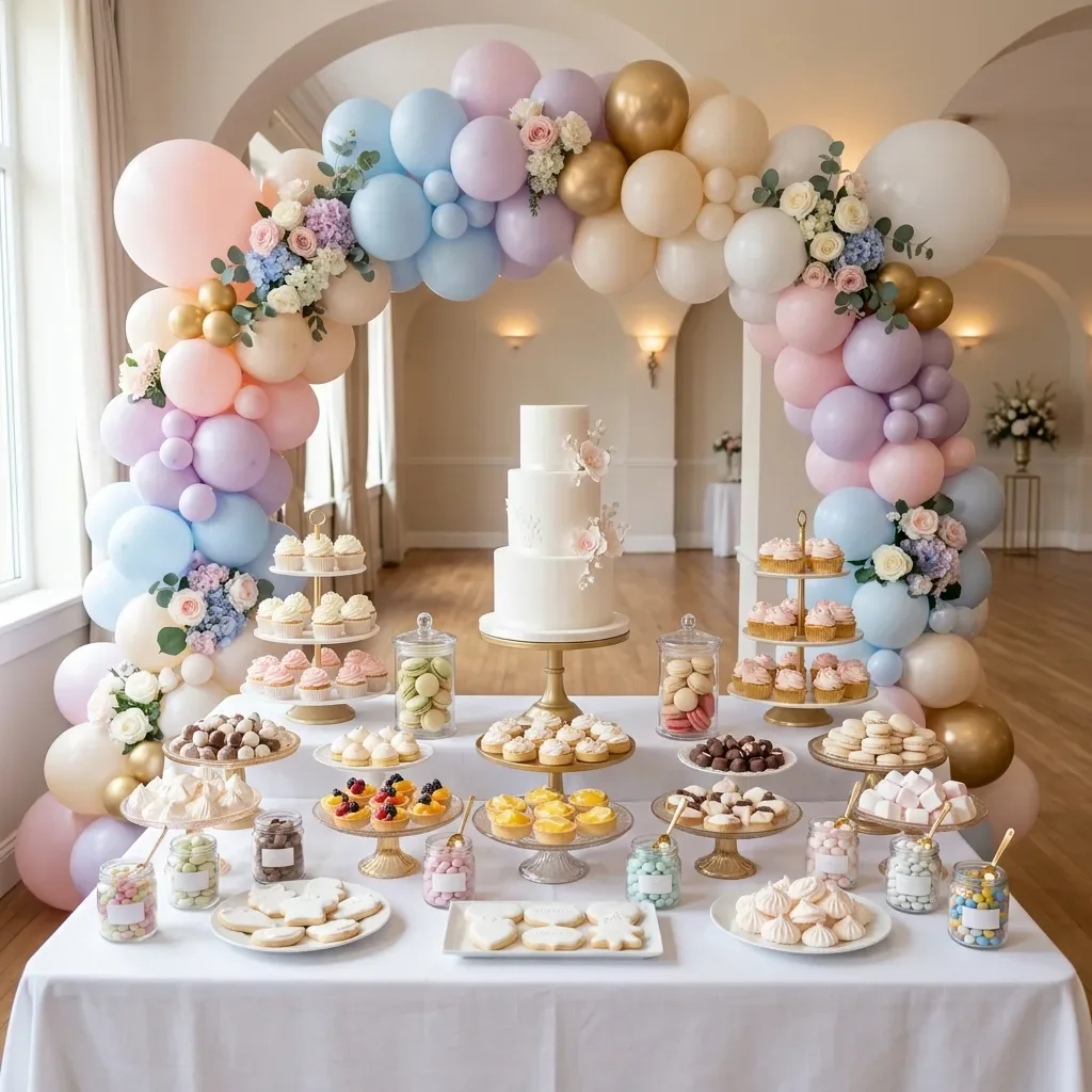 Candy bar cu dulciuri pe suporturi, sub o arcadă pastel roz/lila/albastru.